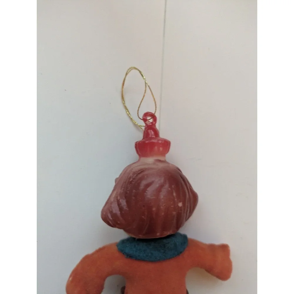 Vintage Flocked Pixie Elf Christmas Tree Ornament Brown Hair‎ Blue Eyes 4
